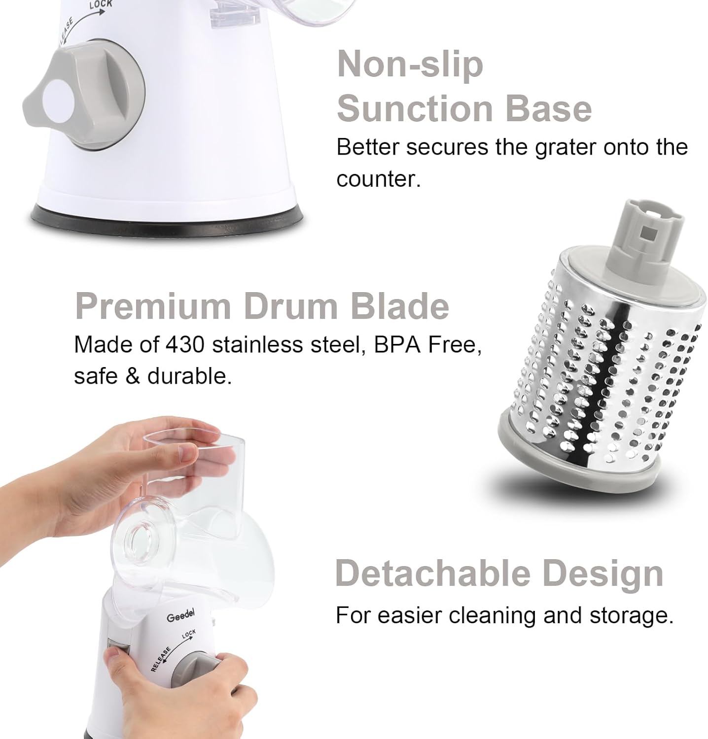 Geedel Rotary Cheese Grater, Kitchen Mandoline Vegetable Slicer with 3 Interchangeable Blades, Easy to Clean Rotary Grater Slicer for Fruit, Vegetables, Nuts