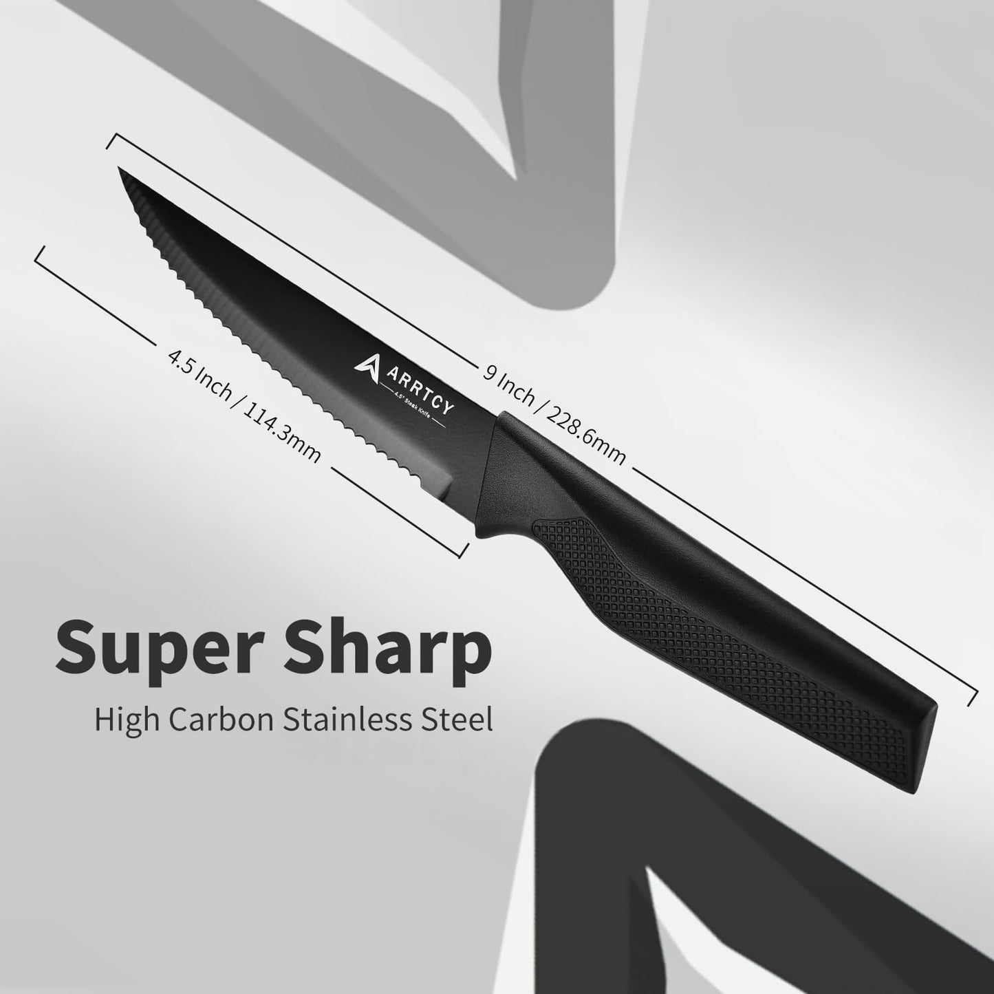 Steak Knives Set of 6;4.5 Inch German Stainless Steel Serrated Steak Knives with Ergonomic Anti-Slip Handles, Dishwasher Safe, Elegant Gift for Holidays (Black)