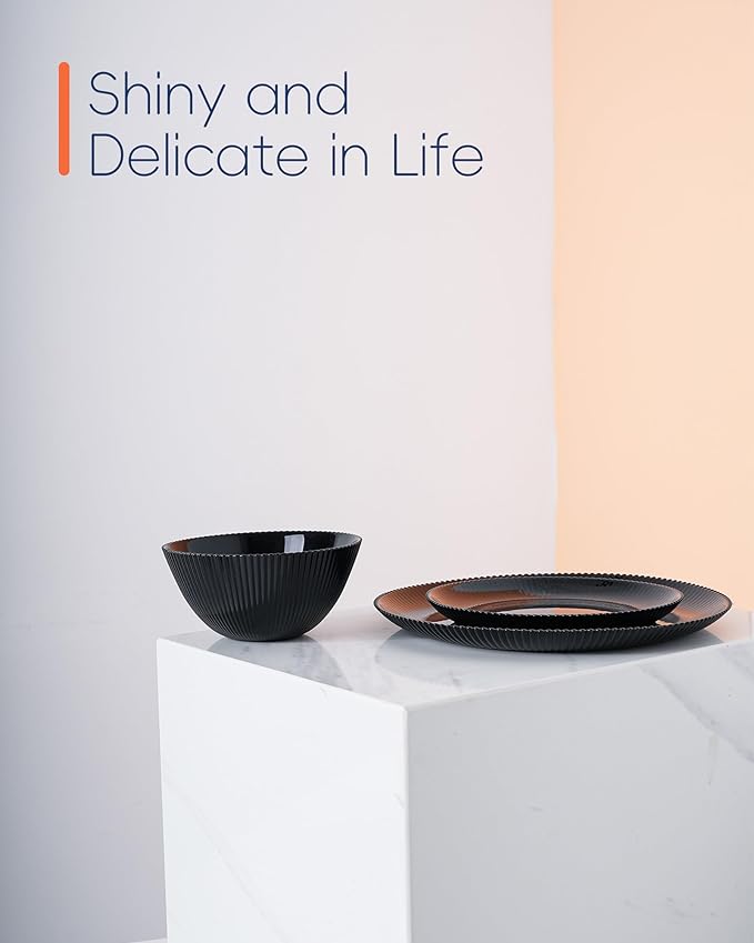 Dinnerware Sets for 4, 12 Pieces Opal Glass Plates and Bowls Set, Dishwasher and Microwave Safe Ribbed Dish Dinning Ware, Chip and Scratch Resistant Dishware, Black