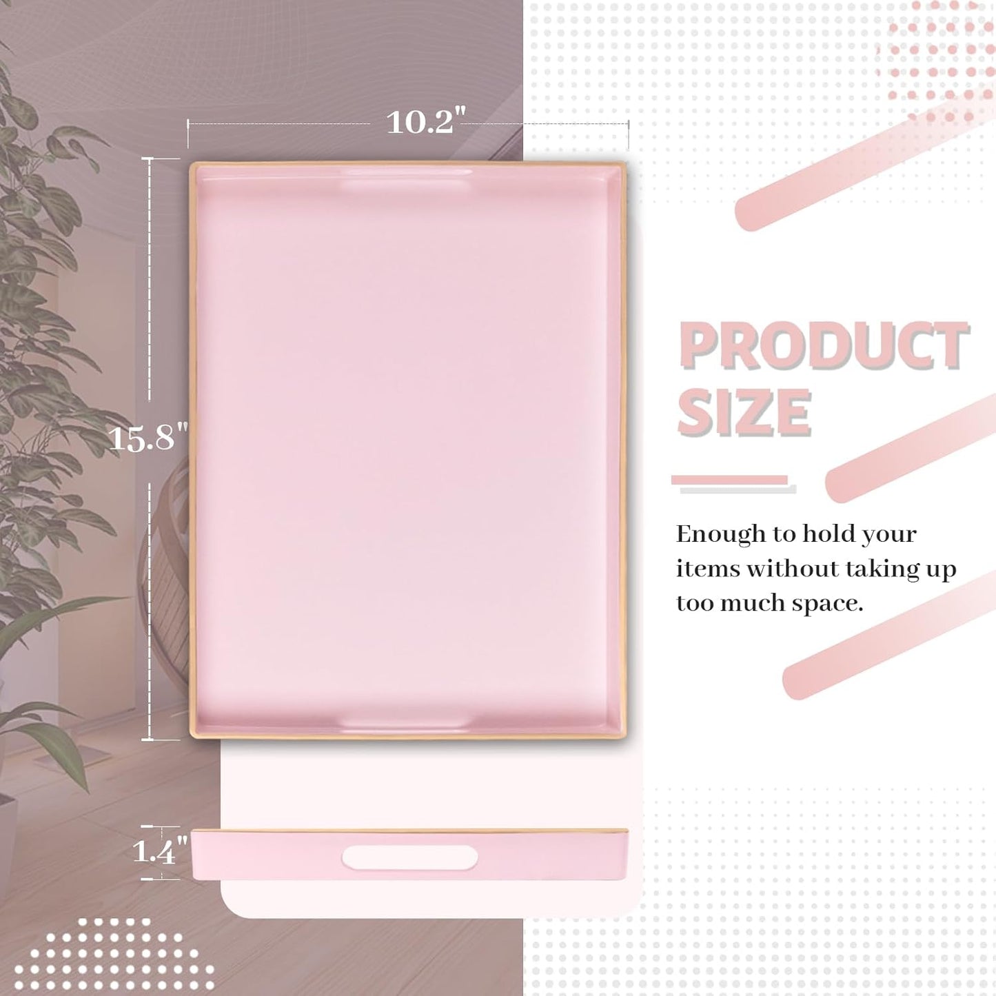 MAONAME Pink Serving Tray with Handles, Modern Decorative Tray for Coffee Table, Plastic Rectangular Tray for Ottoman, Bathroom, Decor, 15.8” x 10.2” x1.4