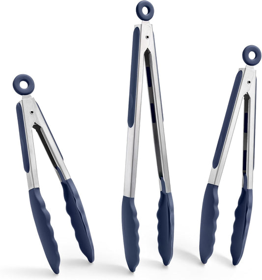 Doosu Kitchen Tongs for Cooking - 600°F Heat Resistant Food Tong Set with Non-Scratch Silicone Tips, Heavy Duty Stainless Steel Locking Tong for BBQ, Grilling Steak, Serving (7+9+12in, Navy Blue)