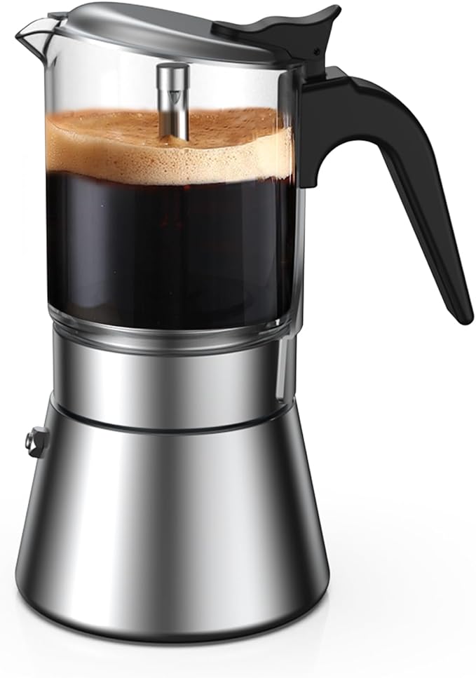 Moka Induction Stovetop Espresso Maker,Crystal Glass-top & Stainless Steel Espresso Moka Pot,Classic Italian coffee maker,240ml(6cup)