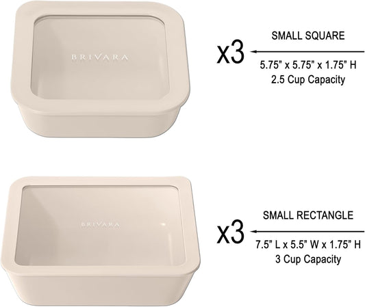 Ceramic Coated Glass Food Storage Container | No PTFE, PFOA, PFAS, and BPA | Reusable Non Toxic Meal Prep Container with Glass Lid | Easy To Store | 6 Piece Food Prep [Crema]