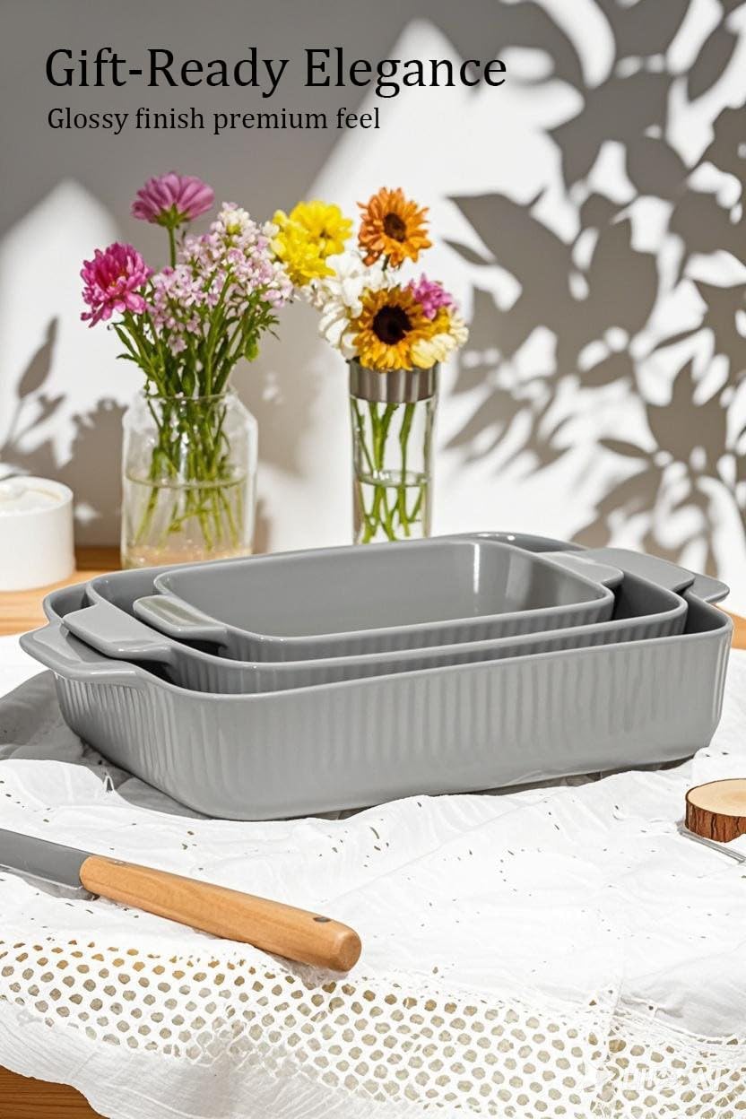 Yachi Ceramic Baking Pan Casserole Dish Set of 3 Pcs Rectangular Bakeware Set Baking Pan with Handle for Steak Beef Roast Chicken spaghetti Lasagna vegetables Microwave, Oven and Dishwasher Safe (Gray)