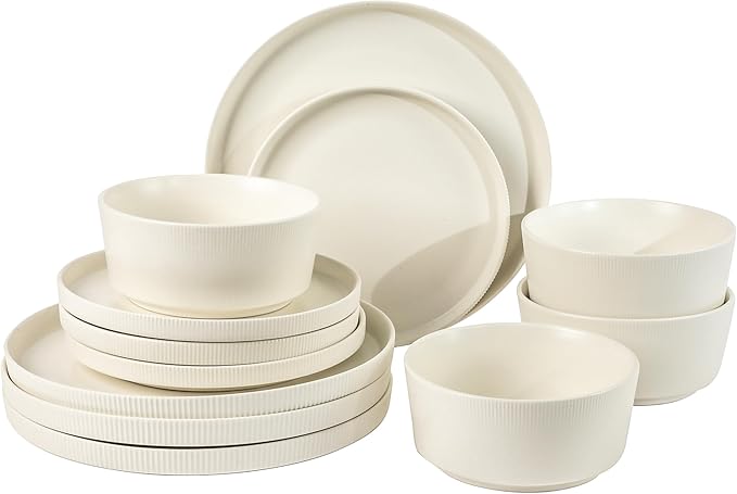 Gibson Home Dempsey Road 12-Piece Stoneware Dinnerware Set – Service for 4, Round White Plates and Bowls, Durable Solid Color Modern Embossed Dish Set, Microwave & Dishwasher Safe