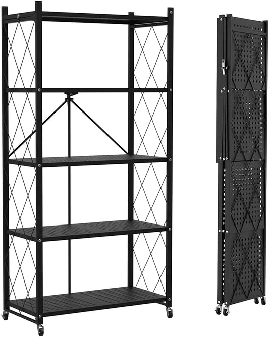 Lifetime Home 5-Tier Foldable Storage Shelf with Wheels - Metal Collapsible Shelving Unit Display, Rolling Cart for Books Kitchen Storage Shelves, Pantry & Closet Organizer, Office Room Decor - Black