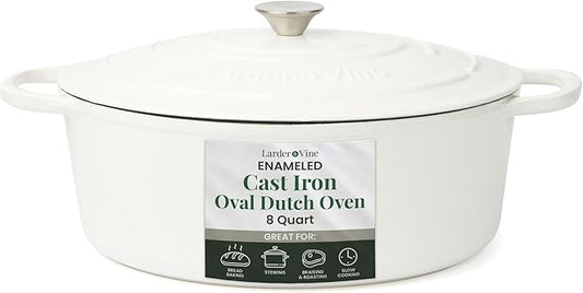 Larder & Vine Enameled Cast Iron 8 qt Dutch Oven Pot with Lid | Bread Baking | Compatible on All Cooktops & Oven Safe to 500° F | Great for Sourdough Bread | White