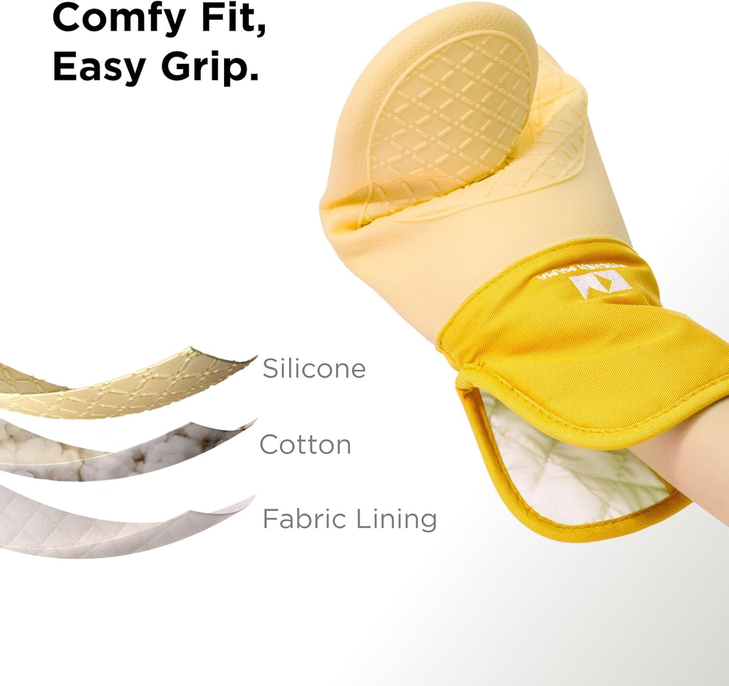 Kitchen Mama UltraShield Silicone Oven Mitts – Heat Resistant, Non-Slip Surface, Durable, Safe, Pot Holders, Flexible Waterproof Glove Set, Perfect for Cooking, Baking, Grilling, BBQ (Yellow)