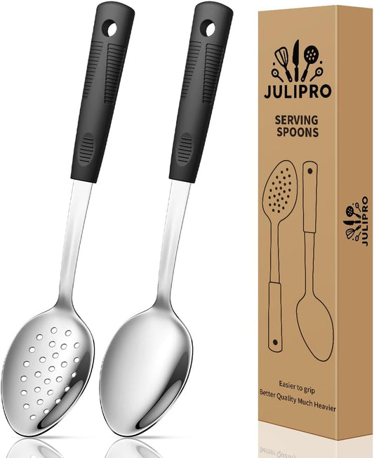 2-Piece,Stainless Steel Serving spoons set with Slotted Spoon.Serving Spoon and Perforated Spoon, kitchen cooking serving utensils set cooking spoon-black