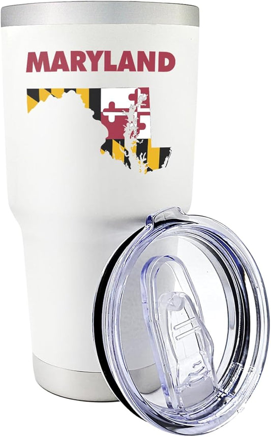 Premium 30 oz Maryland White Tumbler With Slider Lid - Insulated Featuring Map Design - Excellent Souvenir - Keeps Beverages Hot/Cold, Ideal for Coffee, Tea, Travel