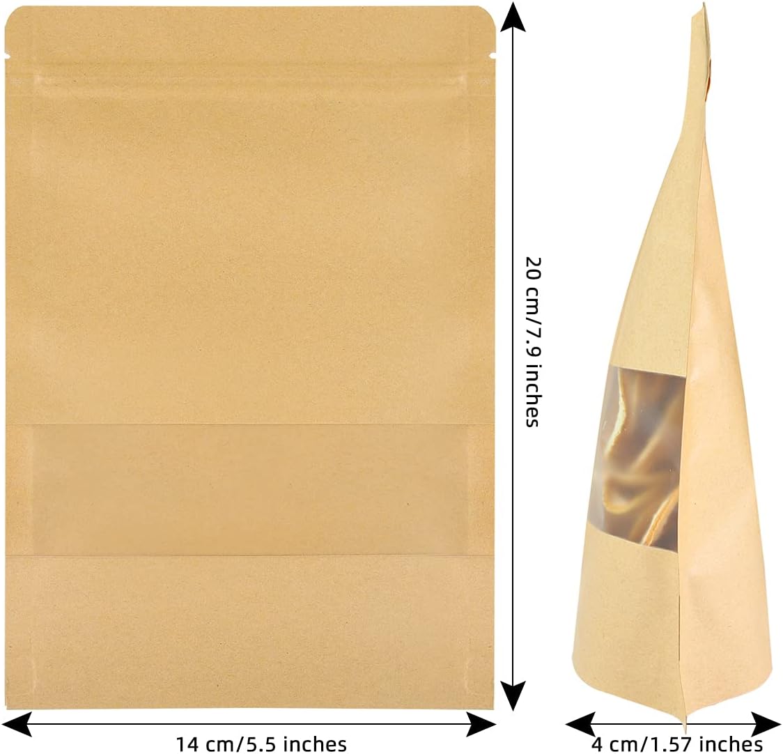 100 Pcs Kraft Stand Up Pouches 5.5 x 7.9 Inch Resealable Zip Lock Food Storage Bags with Matte Window for Packaging