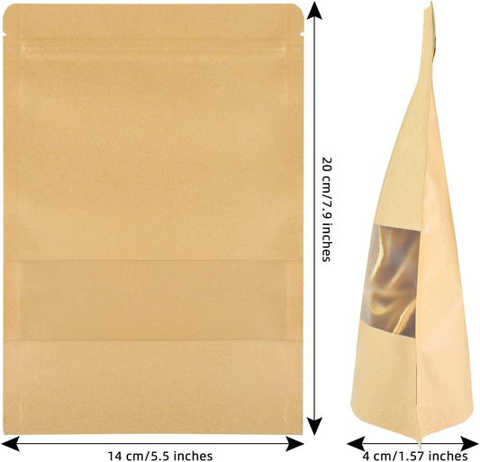 100 Pcs Kraft Stand Up Pouches 5.5 x 7.9 Inch Resealable Zip Lock Food Storage Bags with Matte Window for Packaging