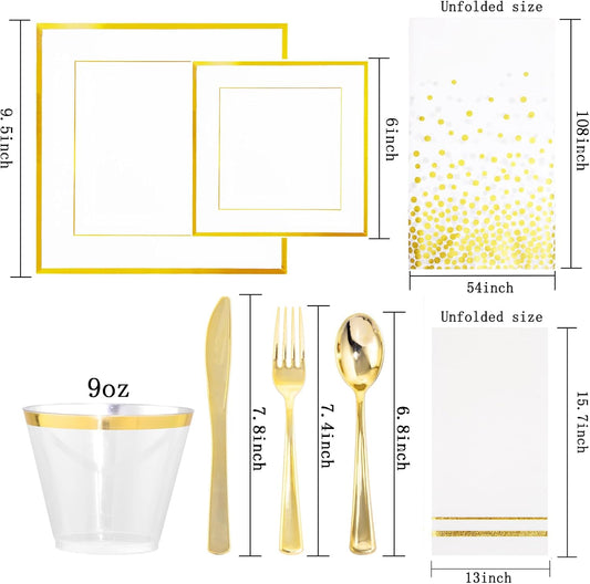 Festiva 176Pcs Gold Plates Disposable - Square Party Plates Dinnerware Sets - include Cups,Plastic Cutlery,Hand Napkins，Tablecloth for 25 Guests Party&Wedding&Christmas&Thanksgiving