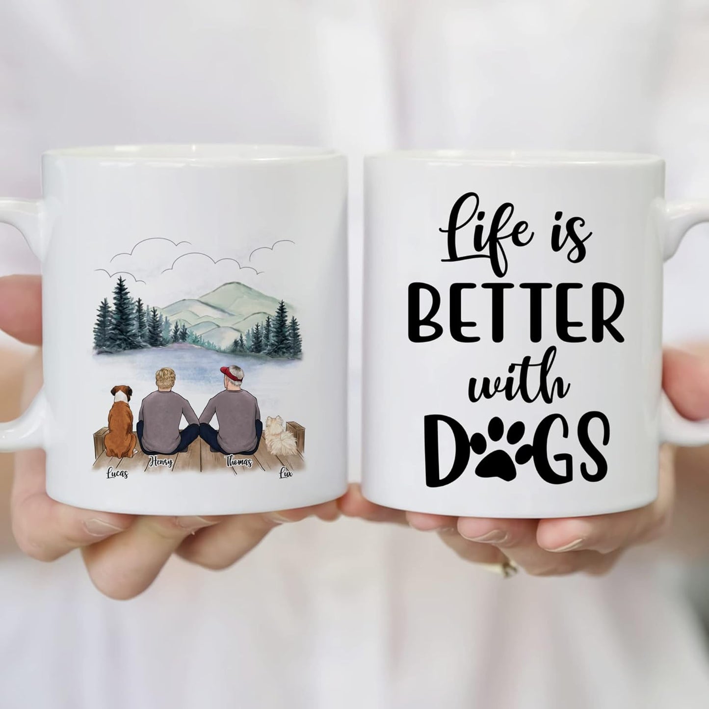 Gossby Personalized Dog Mug - Life is Better with Dogs (2 Men - 2 Dogs) - Customizable Dog Mug for Dog Dads with Male Characters, Names, Dog Breeds - Purfect Dog Lover Gifts for Men