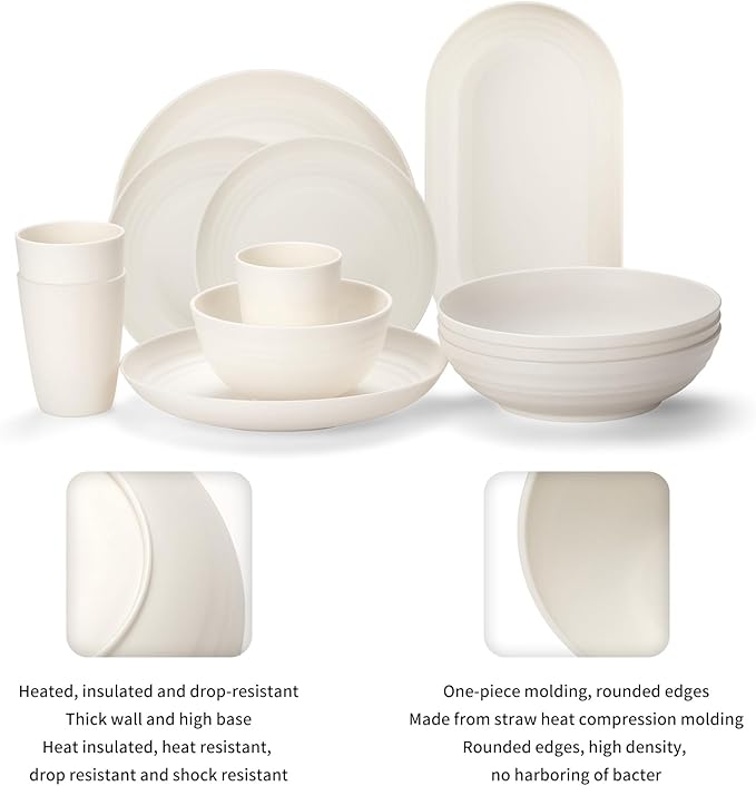 Lazycorner 48-Piece Wheat Straw Dinnerware Sets for 8, Unbreakable Reuasble Dinner Dishes Serving Plate Set for Kitchen, Including Plastic Dinner Plate, Dessert Plate, Bowl, Cup(Beige)