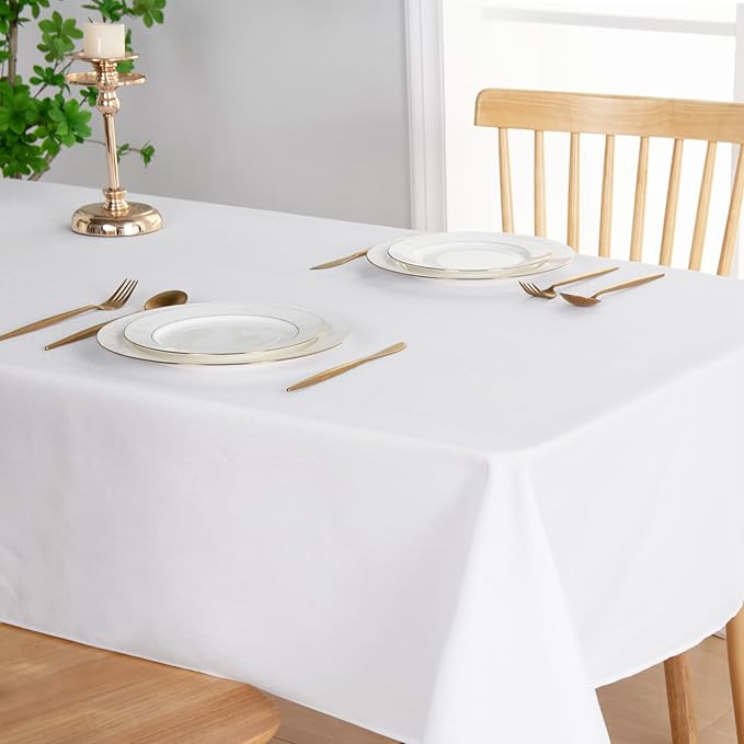 JIUZHEN 2 Pack Faux Linen Farmhouse Tablecloth Rectangular, Wrinkle Stain Resistant Table Cloth Rectangle Table Cover for Kitchen Dining, White, 52 x 70 Inch