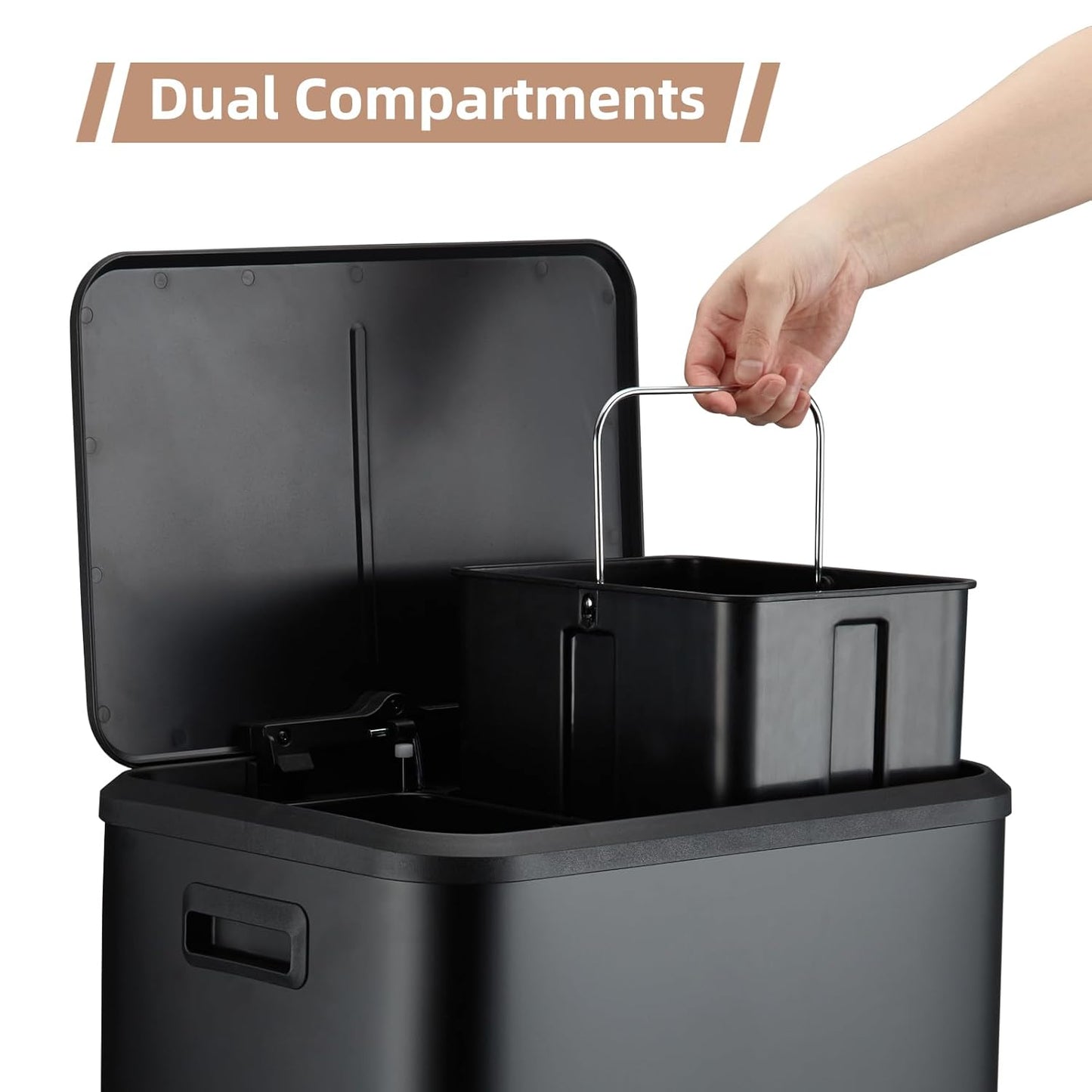 Garvee Dual Trash Can for Recycling and Trash, Stainless Steel Kitchen Trash Can with Lid and Foot Pedal, Double Compartment Garbage Can, with Recycling Bin (Black, 8 Gallon(2x4Gal))