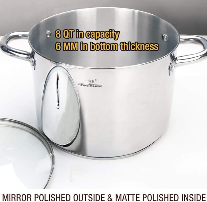 HOMICHEF Stock Pot 8 Quart with Lid Nickel Free Stainless Steel - Mirror Polished Stockpot 8 QT with Lid - HEALTHY COOKWARE Stockpots 8 Quart - Soup Pot for Induction Cooktop