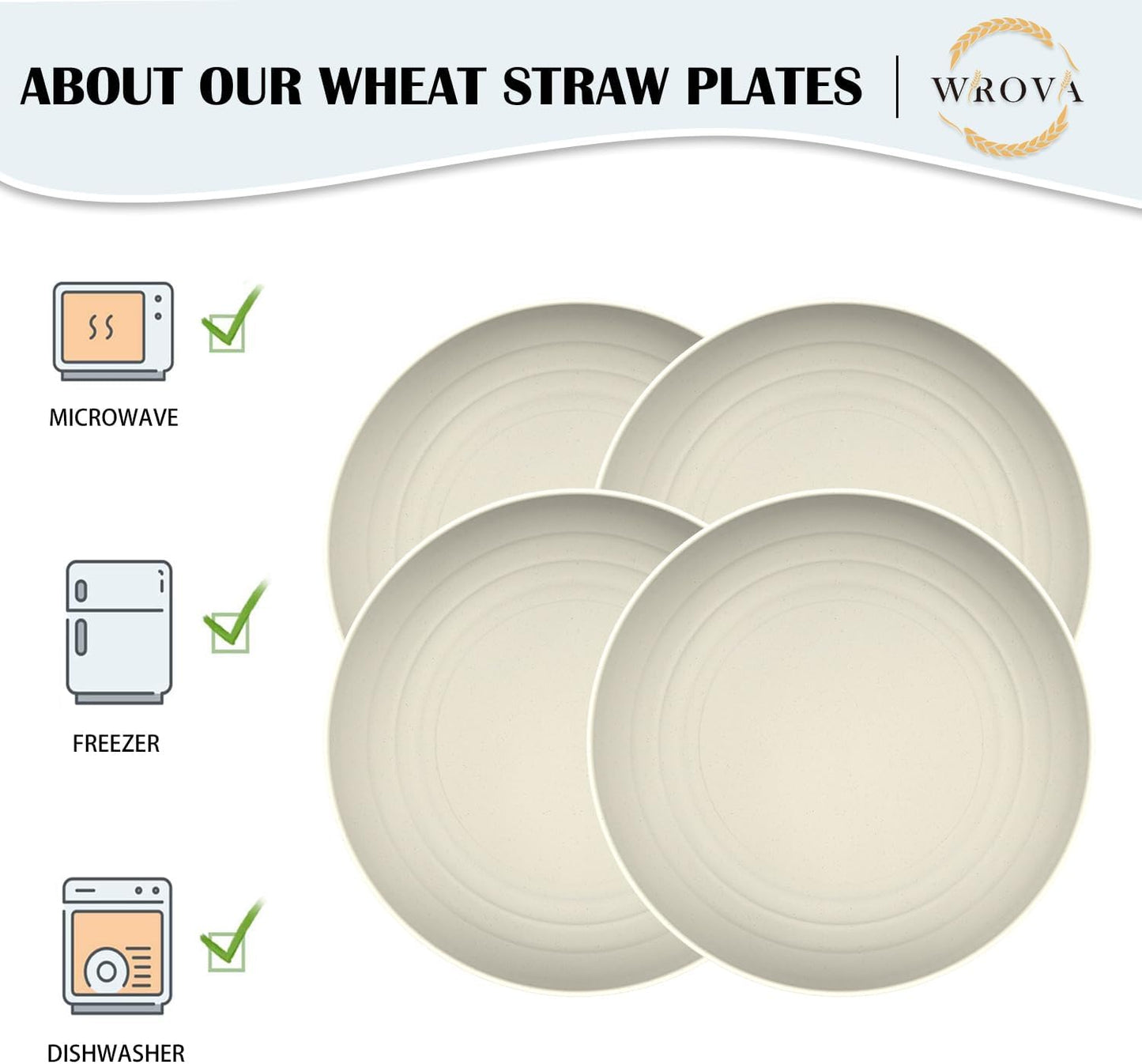 Wrova Large Wheat Straw Dinner Plates - 11 Inch Set of 8 - Unbreakable, Dishwasher & Microwave Safe - Deep Edge for Kitchen & Camping (Beige)