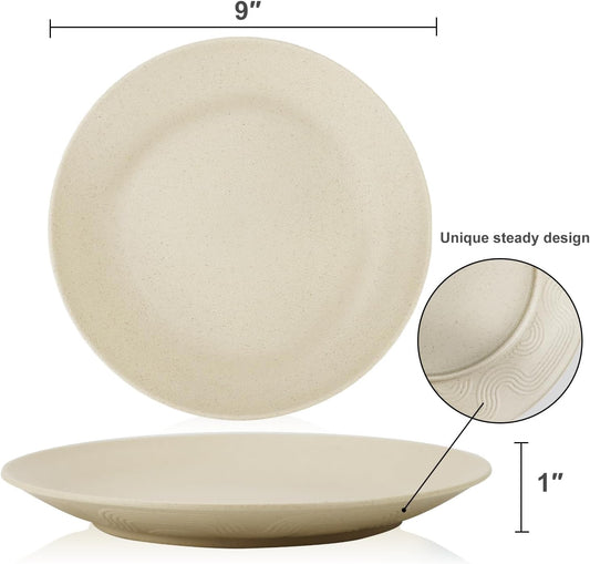 Homiely Dinner Plates Set of 8 - Wheat Straw, Microwave & Dishwasher Safe, Unbreakable, Kids Plates with Pattern (Beige, 9 inch)/Product of Alternative to Plastic