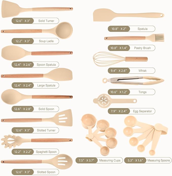 Kitchen Utensils Set - 34 PCS Non-Stick Silicone Cooking Utensils Set with Wooden Handle,Kitchen Gadgets Tools Set for Nonstick Cookware (Khaki-34P)