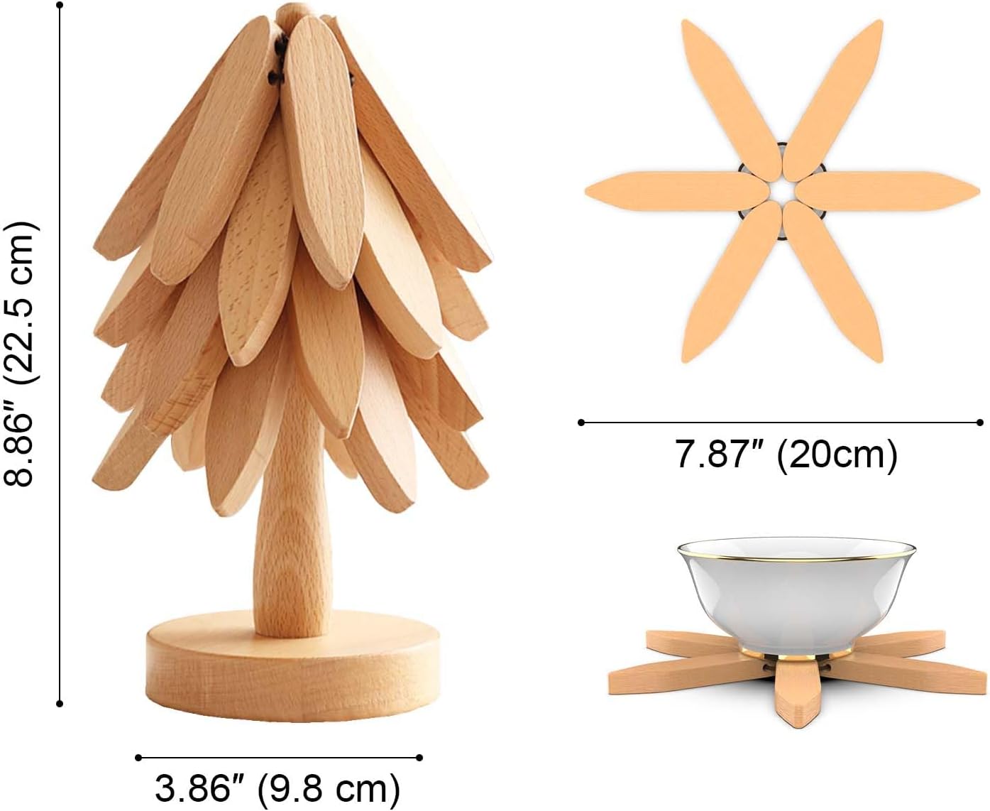 Wooden Trivets for Hot Dishes,Tree Shape Trivet Set, 4 Wooden Trivets+1 Stand, Natural Foldable Kitchen Wooden Trivet for Hot Dishes、Pot、Bowl、Teapot、Hot Pot Holders (Beech Wood)
