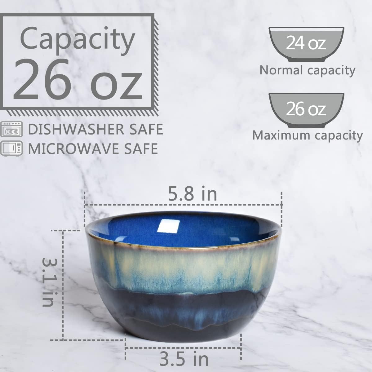 Bosmarlin Stoneware Cereal Bowls Set of 4, 26 Oz, Blue Soup Bowls for Oatmeal, Salad, Dishwasher and Microwave Safe, Reactive Glaze (26 Oz, Deep Blue)