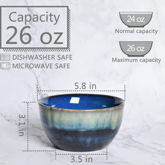 Bosmarlin Stoneware Cereal Bowls Set of 4, 26 Oz, Blue Soup Bowls for Oatmeal, Salad, Dishwasher and Microwave Safe, Reactive Glaze (26 Oz, Deep Blue)