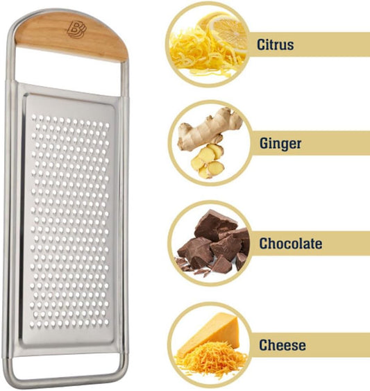 Cheese Grater Handheld - Stainless Steel Flat Food Grater with Cherrywood Handle - Fine Shredder Kitchen for Hard Cheese, Spices, and Zesting - Italian Made Kitchen Gadgets by Kings County Tools