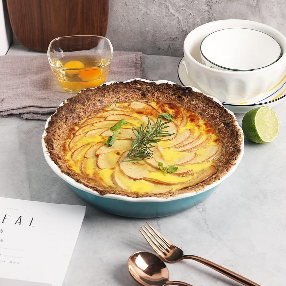 Sweejar Ceramic Pie Pan for Baking, 10 Inches Round Baking Dish for Dinner, Non-Stick Pie Plate with Soft Wave Edge for Apple Pie, Pumpkin Pie, Pot Pies (Beige)