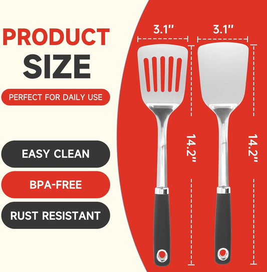 2 Pcs Stainless Steel Spatulas Set,14.2 Silver Slotted Turner, Solid Turner, Kitchen Cooking Utensils Set, High Heat Resistant, Grilling Frying Serving Food, Easy to Clean