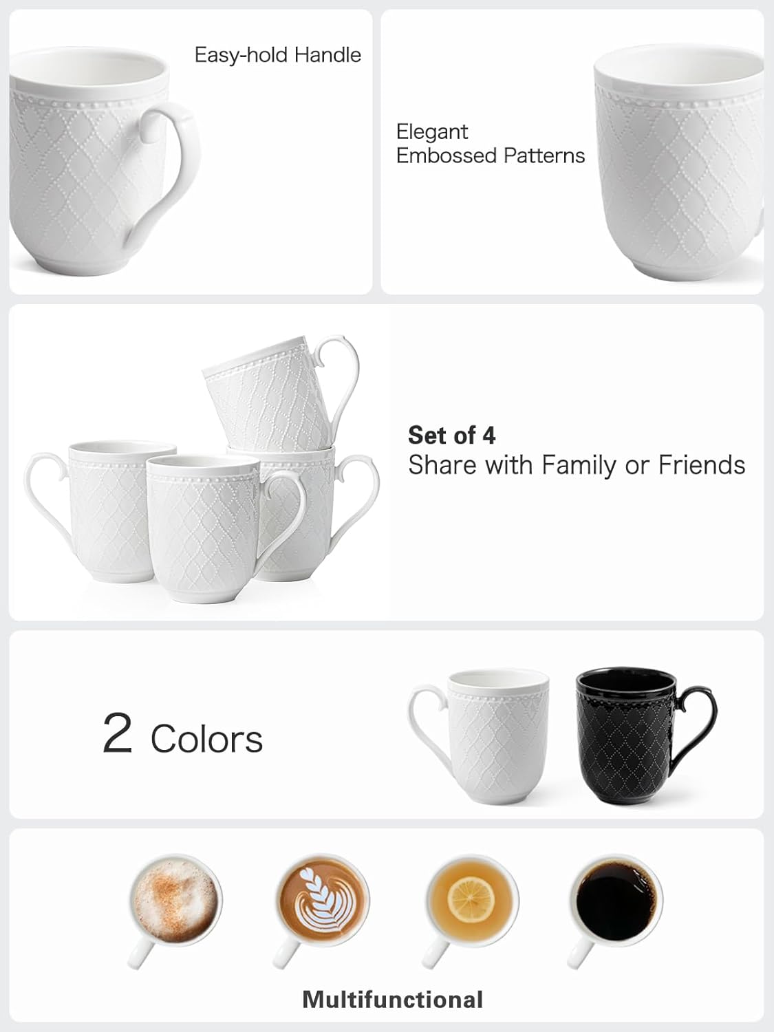 Kanwone Coffee Mugs 16oz, Ceramic Mugs Set, Porcelain Cups with Handle for Latte, Hot Tea, Cappuccino, Mocha, Cocoa, Housewarming Wedding Gift, Microwave and Dishwasher Safe, Set of 4, White