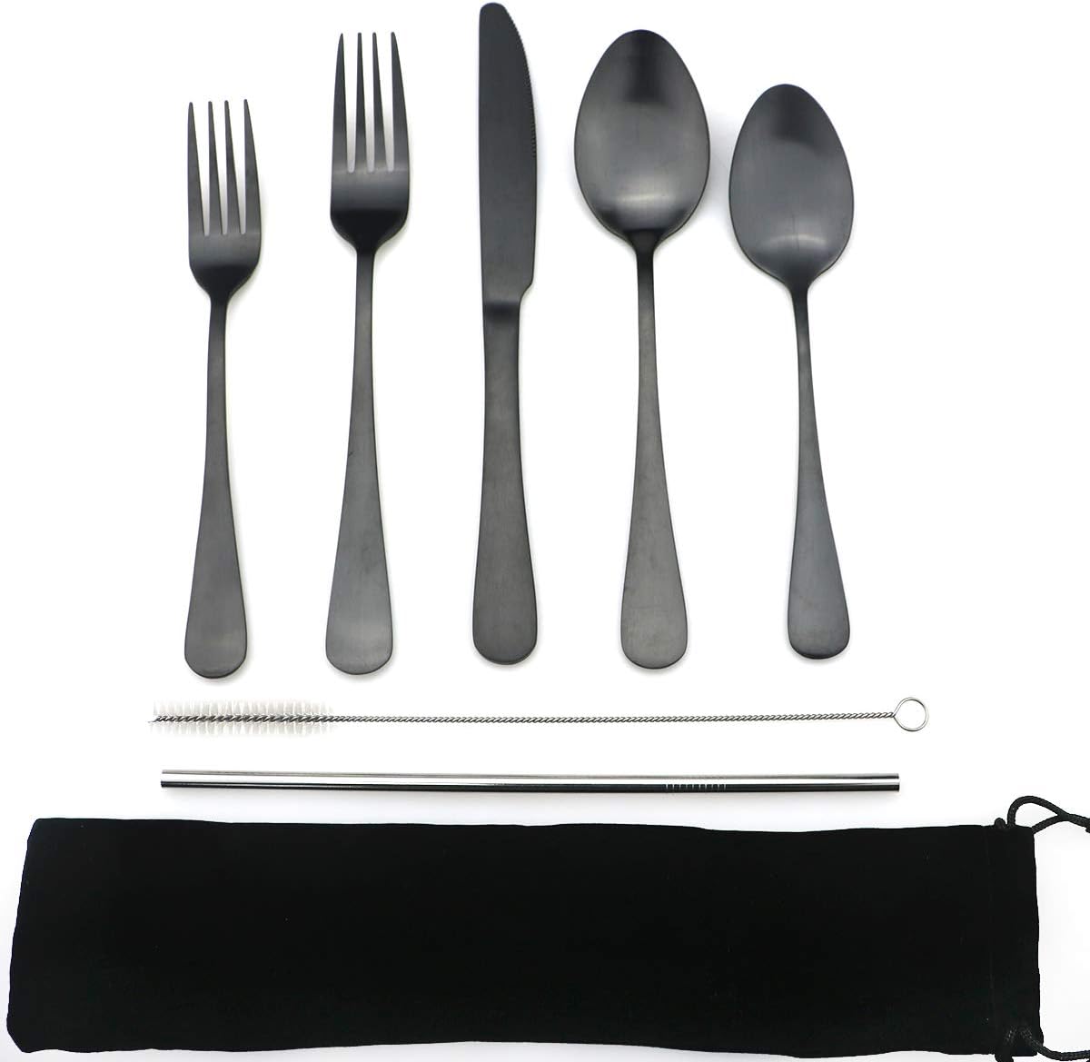 JASHII Modern Royal 5 Pcs Matte Black 18/10 Stainless Steel Utensils Cutlery Dinnerware Set w/Drinking Straw, Knife Fork and Spoon Flatware Set for Wedding Festival Christmas Party Service for 1