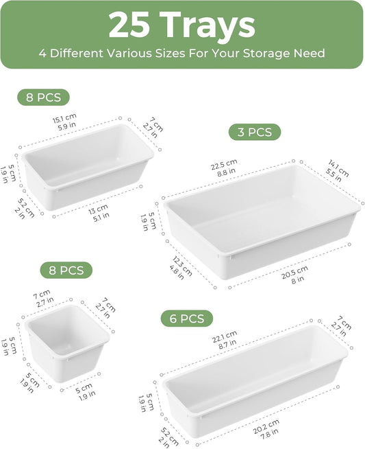 25 PCS Plastic Drawer Organizers Set, 4-Sizes Vanity and Makeup Organizer, Desk and bathroom Drawer Organizer Trays, Organizers and Storage for Makeup, Jewelry, Gadgets, Utensils (White)