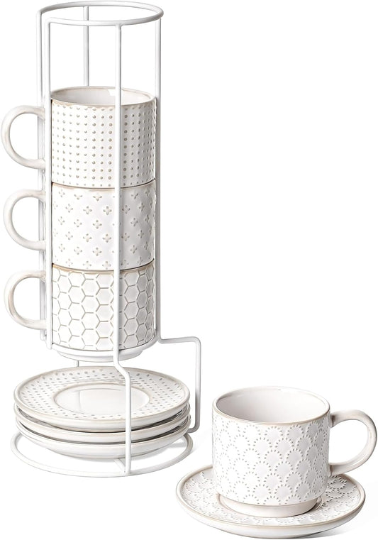 LE TAUCI Stackable Cappuccino Cups 8 oz with Saucers and Stand, Ceramic Large Latte Cup for Au Lait, Cafe, Mocha,Tea, Dishwasher Oven Safe - Set of 4, Arctic white