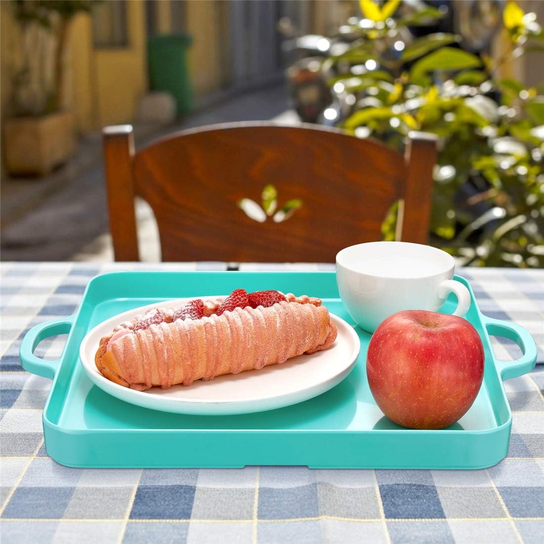 Square Serving Trays with Handles Melamine Turquoise 12.5x12.5 Inch Spill Proof Kitchen Eating Trays Set of 2 for Cafeteria Cafe Food Appeizer Dessert Snack Dinner Lunch Breakfast,TR13-02