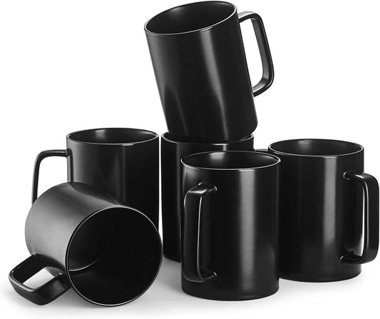 Jassceram Coffee Mugs Set of 6, 18 Ounce Porcelain Mugs for Latte, Hot Tea, Cappuccino, Cocoa and Milk, Ceramic Coffee Cups with Large Handle - Dishwasher & Microwave Safe, Matte Black