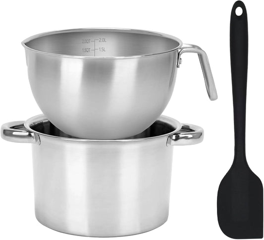 3PCS Double Boiler Pot Set, 2000ML/1.8QT Mixing Bowl with Scale 2800ML/ 2.54QT Stainless Steel Heating Pot with Silicone Spatula for Cheese Chocolate Candy Candle Soap Wax Melting (2000ml+2800ml)