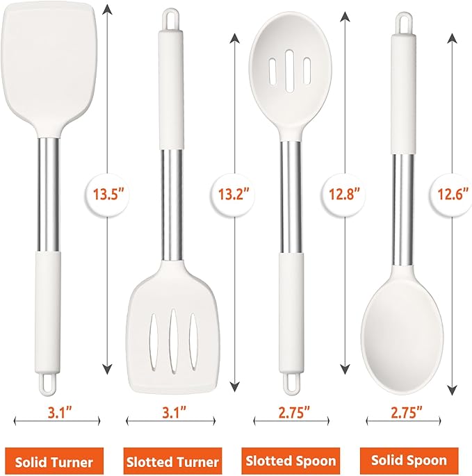 E-far Cooking Utensils Set of 4, Silicone Kitchen Utensils for Non-stick Cookware, Heat Resistant & Non-toxic Slotted Spatula Solid Spoon Turner for Flipping Mixing Serving Basting(White)