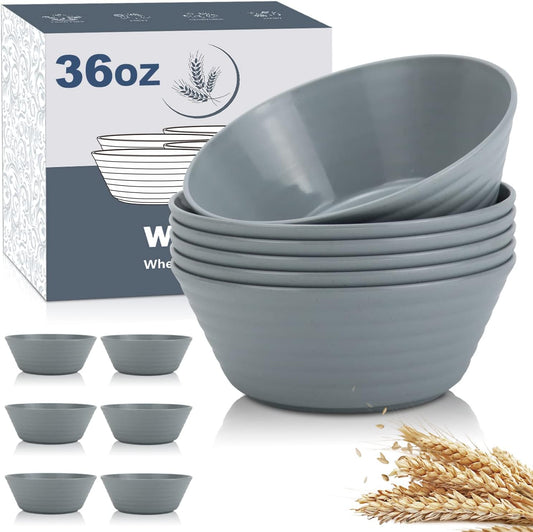 Wrova Wheat Straw Bowl Sets,6 PCS Unbreakable Cereal Bowl 36 OZ,Microwave and Dishwasher Safe Bowls,Dorm Bowl Sets BPA Free for Serving Cereal,Oatmeal and Salad (Grey)