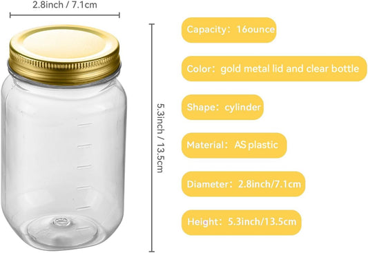 novelinks 16 oz Clear Plastic Jars with Screw-On Lids - BPA-Free Refillable Storage Containers for Slime, Food, Crafts, Kitchen & Household Use (10 Pack,Gold)