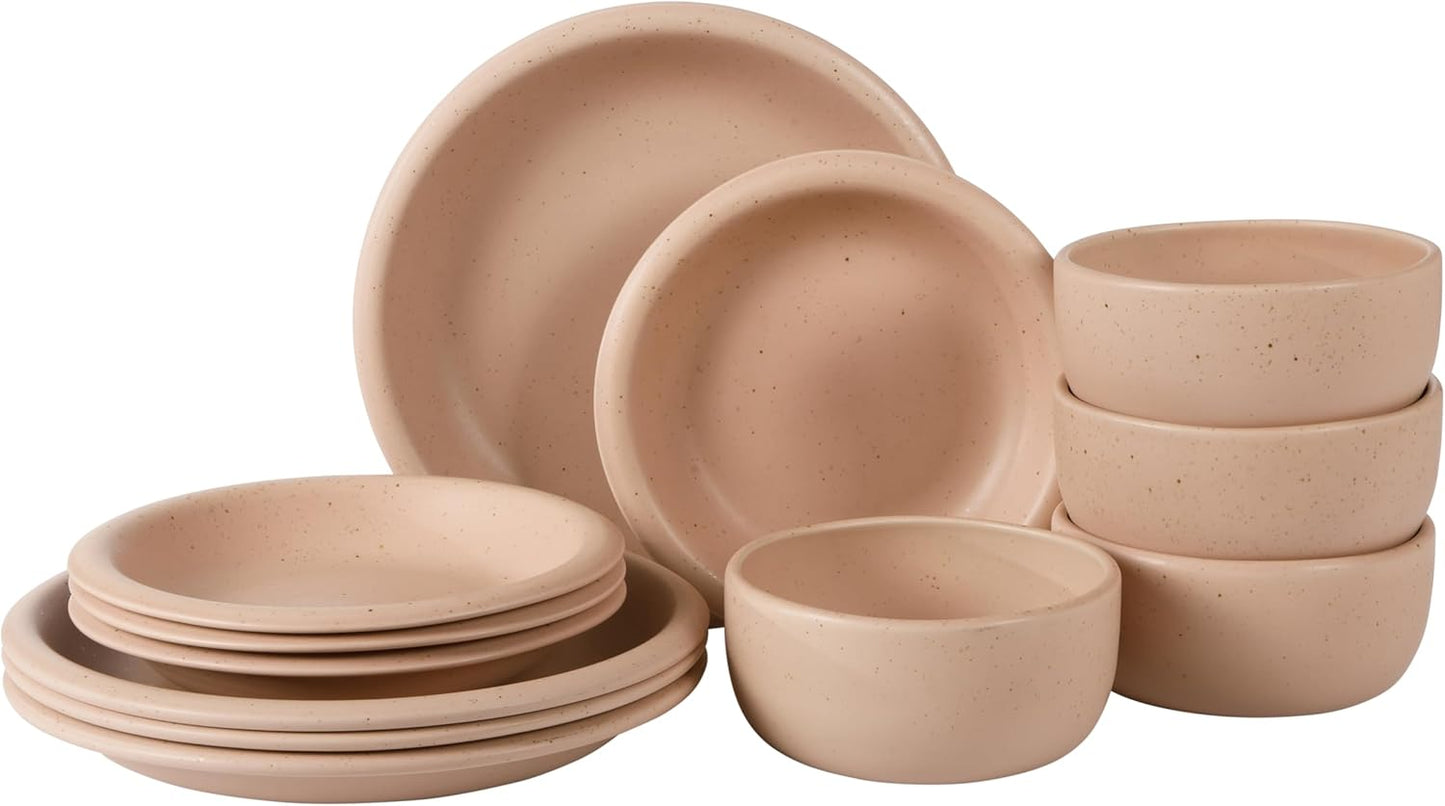 Bloomhouse Corsica Clay 12 Piece Stoneware Rustic Reactive Glaze Dinnerware Set - Stackable Plates and Bowls Set. Service for 4 - Matte Prosecco Blush Pink