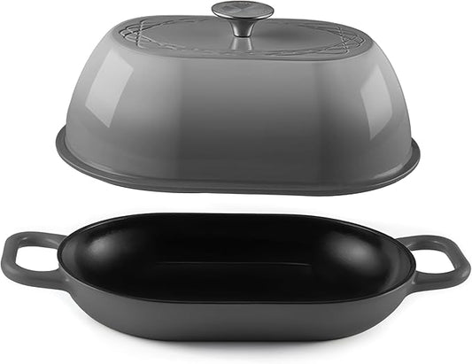 Enameled Cast Iron Dutch Oven for Professional Sourdough Bread Baking | 5.5 Quart Loaf Size Oval Cookware Pot with Lid | Triple-Layer Enamel Coating Pan with Non Stick Silicone Mat | Gray