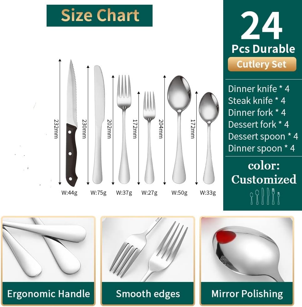 Modern Flatware Silverware Set for 4 Stainless Steel Cutlery 24 Pieces include Forks Spoons Knives Mirror Polished Dishwasher Safe Home and Restaurant Utensils