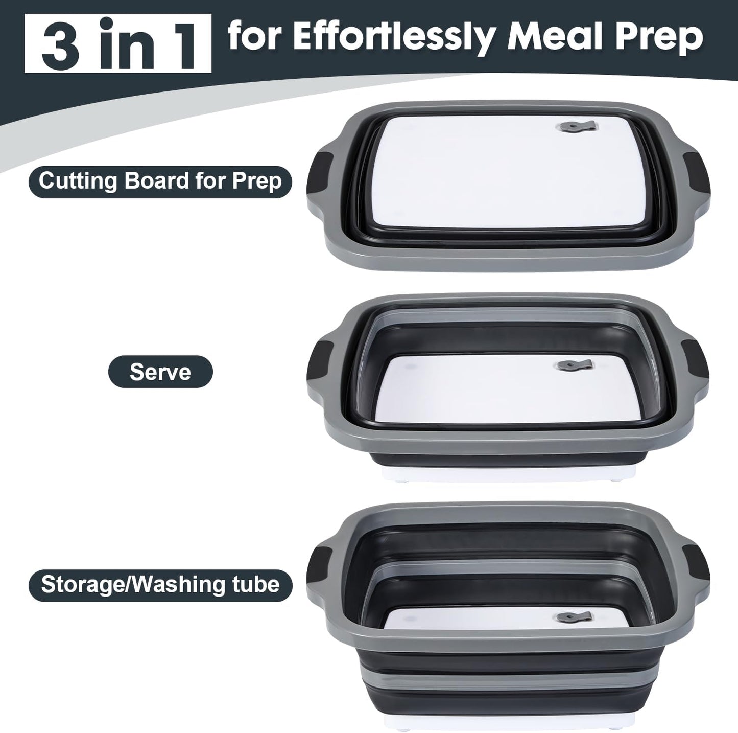 TANOSHII 3-Piece Collapsible BBQ Prep Tubs with Lids and Built-in Cutting Board – For Meal Prep Marinating Food Storage&Washing – Picnic Camping – Set of 3 – (1) Medium + (1) L + (1) XL – Black