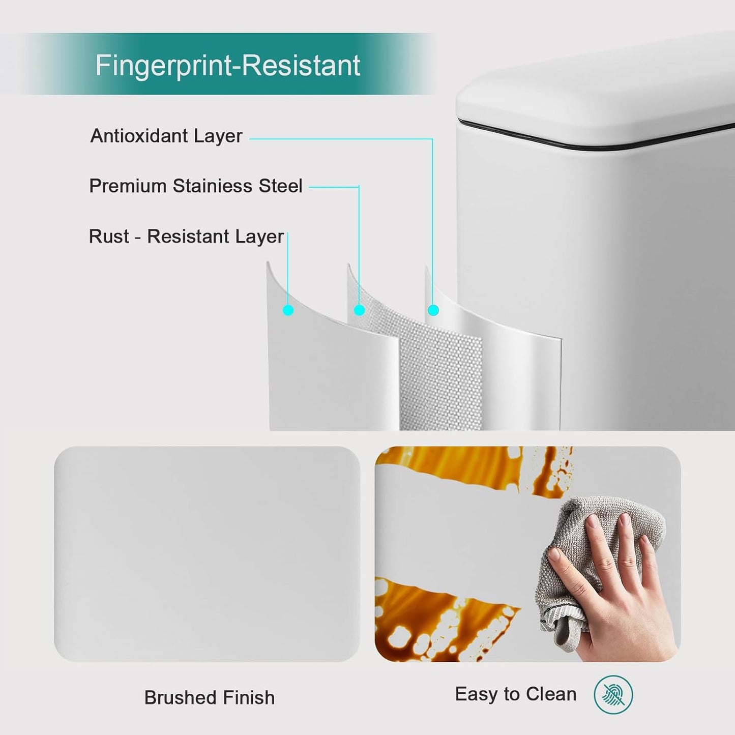 1.3 Gallon Stainless Steel Trash Can - Small Bathroom & Office Waste Bin with Lid, Compact Design, Durable Metal Construction, (White)