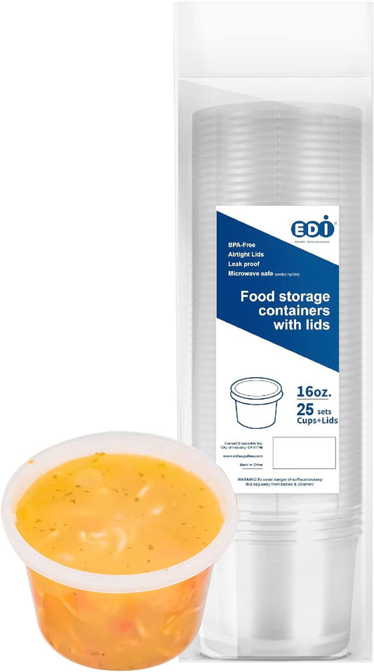 EDI [16 OZ, 25 Sets] Plastic Deli Food Storage Containers with Airtight Lids | Microwave-, Freezer-, Dishwasher-Safe | BPA Free | Heavy-Duty | Meal Prep | Leakproof | Recyclable