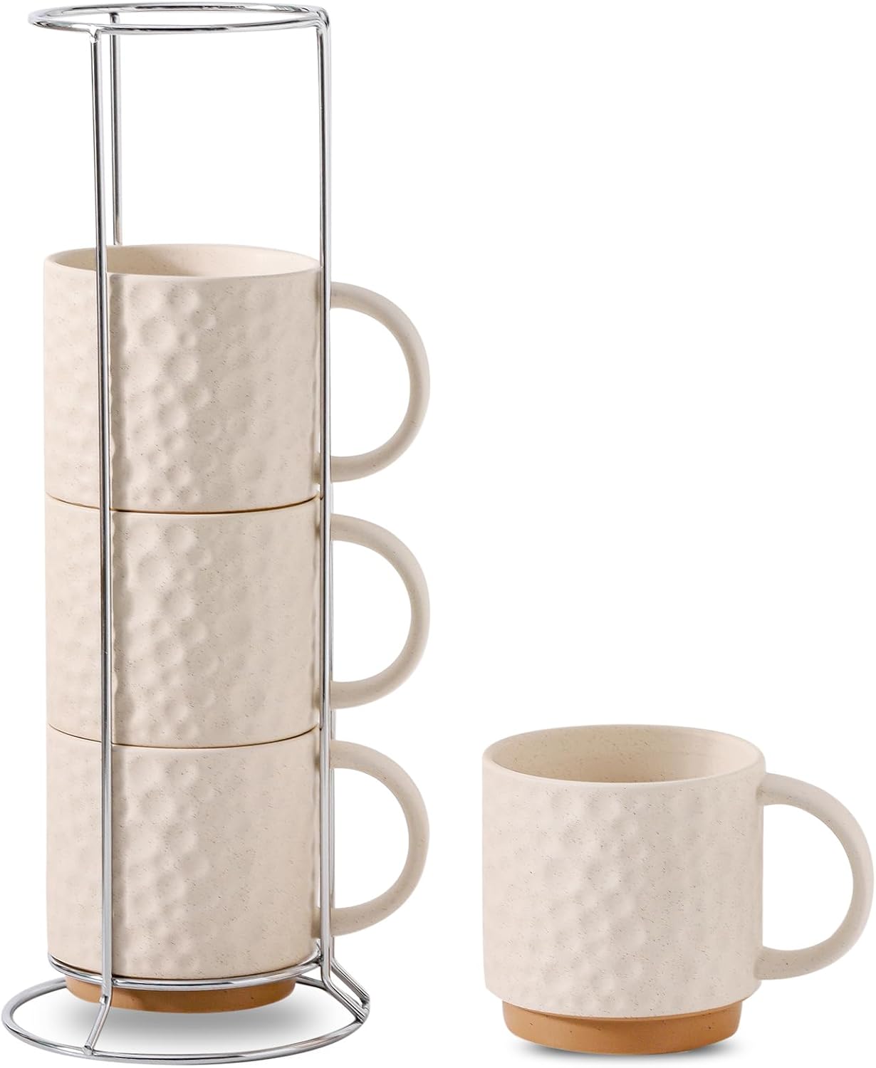 Nihow Ceramic Coffee Mug Set of 4, 16OZ Stackable Coffee Mug Set with Stainless Stand,Large Cup Set for Cappuccino,Tea,Hot/Cold Drinks,Dishwasher & Microwave Safe,Matte White