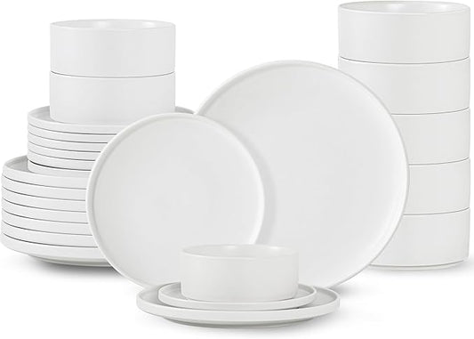 24 Piece Ceramic Dinnerware Set for 8, Modern Minimalist Stoneware Dinner Plates and Bowls, Microwave Safe, Dishwasher Safe, Versatile for All Seasons, Matte White