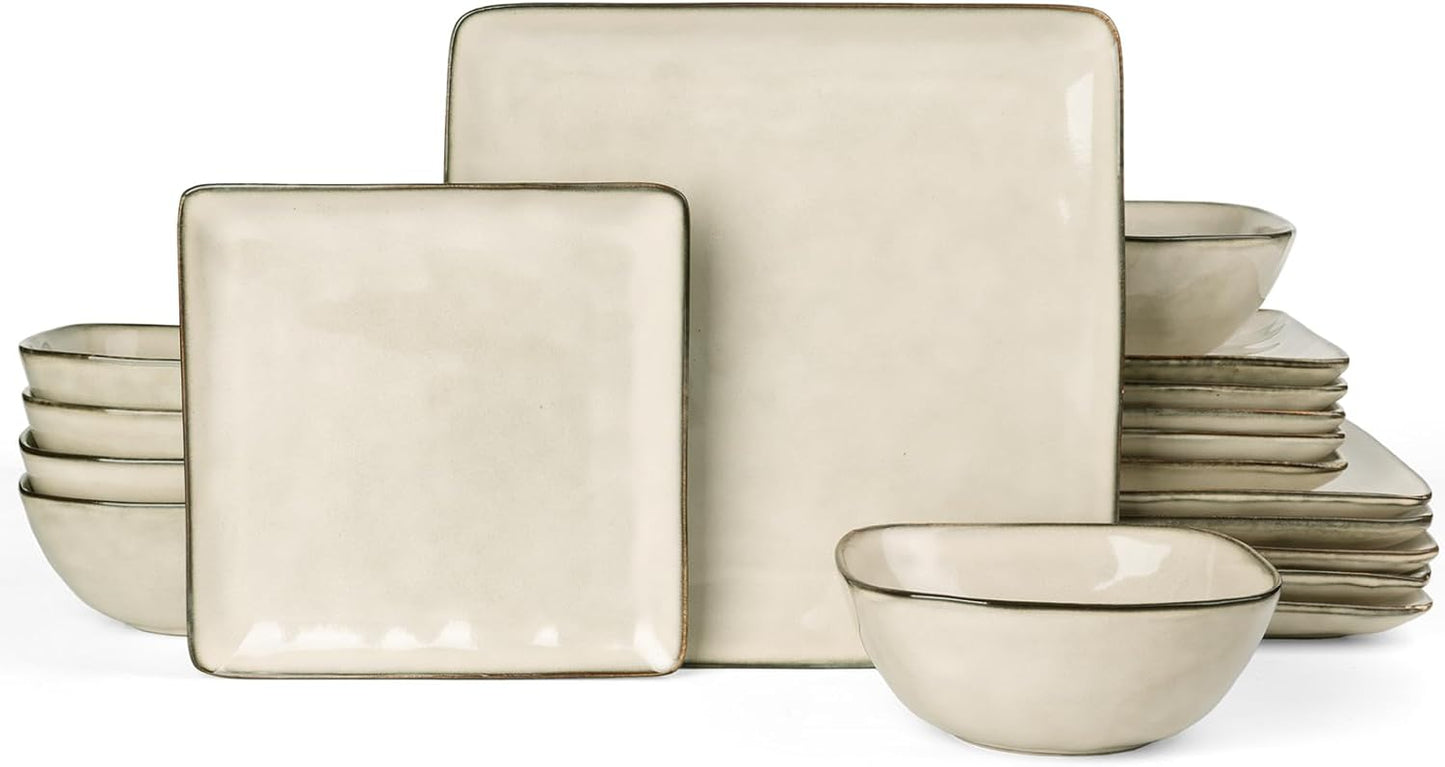Famiware Dinnerware Sets for 4, Ocean Square 18-Piece Kitchen Plates and Bowls Sets, Microwave and Dishwasher Safe, Scratch Resistant, Light khaki